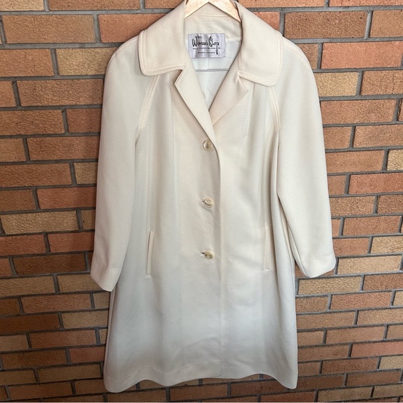 The Women’s Shop Vintage Ribbed Long Cream Button Trench Over Coat - Picture 1 of 10